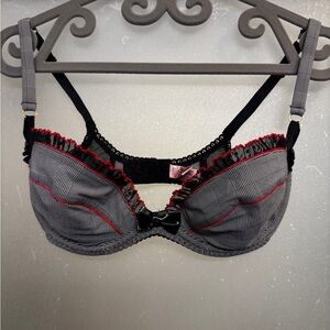 Agent Provocateur Gray Plaid Bra with Black and Red Trim
